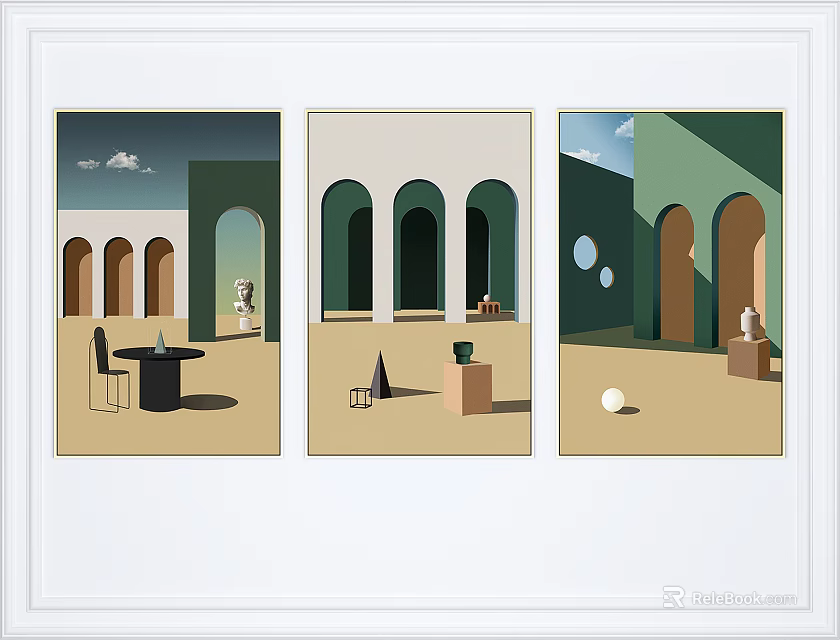 Triptych Art Piece Featuring Archway Design Geometric Shapes And Interior Decor Elements 3d model