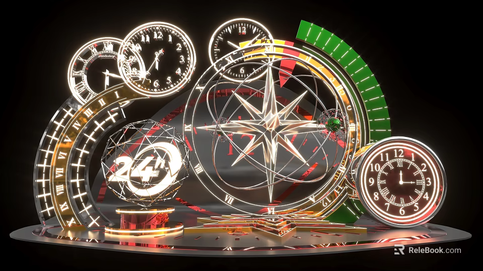 Photo Check in Spot With Clocks Compass 24 Hour Symbol Metallic Mechanical Structure 3d model 