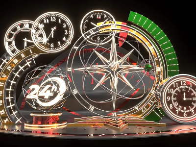 Photo Check in Spot With Clocks Compass 24 Hour Symbol Metallic Mechanical Structure 3d model