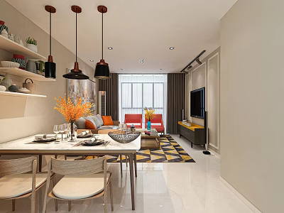 Modern Living Dining Room Interior With Dining Table Sofa Pendant Lights TV And Rug 3d model