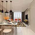Modern Living Dining Room Interior With Dining Table Sofa Pendant Lights TV And Rug