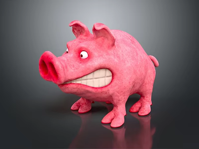 Pink Cartoon Pig Character With Exaggerated Expression Standing On Dark Background 3d model