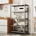 Iron Storage Rack In Modern Kitchen With Microwave Pots Fruits