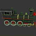 Vintage Steam Train 3D Model With Black Body Red Yellow Stripes And Decorative Wheels