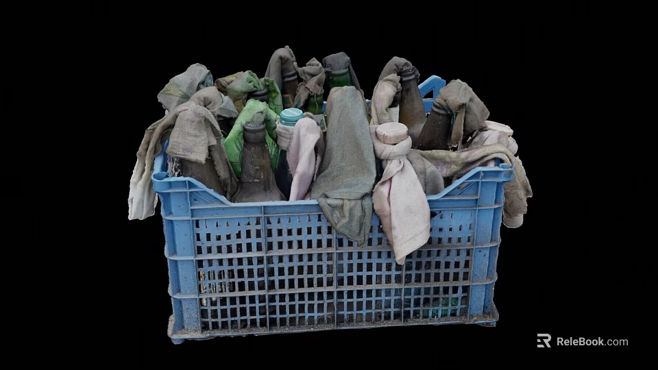 Recycled Daily Necessities In Blue Plastic Basket Filled With Old Cloths And Bottles 3d model 