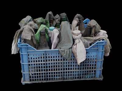 Recycled Daily Necessities In Blue Plastic Basket Filled With Old Cloths And Bottles 3d model