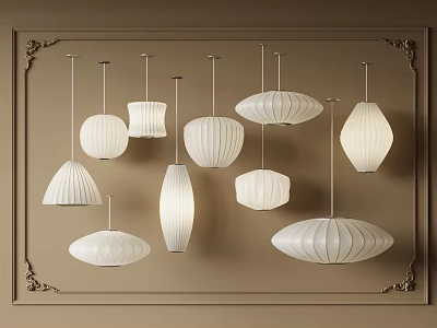 Various Shaped White Pendant Lights Hanging On Decorative Wall For Interior Design 3d model