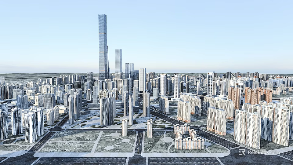 Panoramic View Of Modern Urban Cityscape With Tall Skyscrapers And Residential Commercial Buildings 3d model 