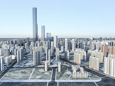 Panoramic View Of Modern Urban Cityscape With Tall Skyscrapers And Residential Commercial Buildings 3d model