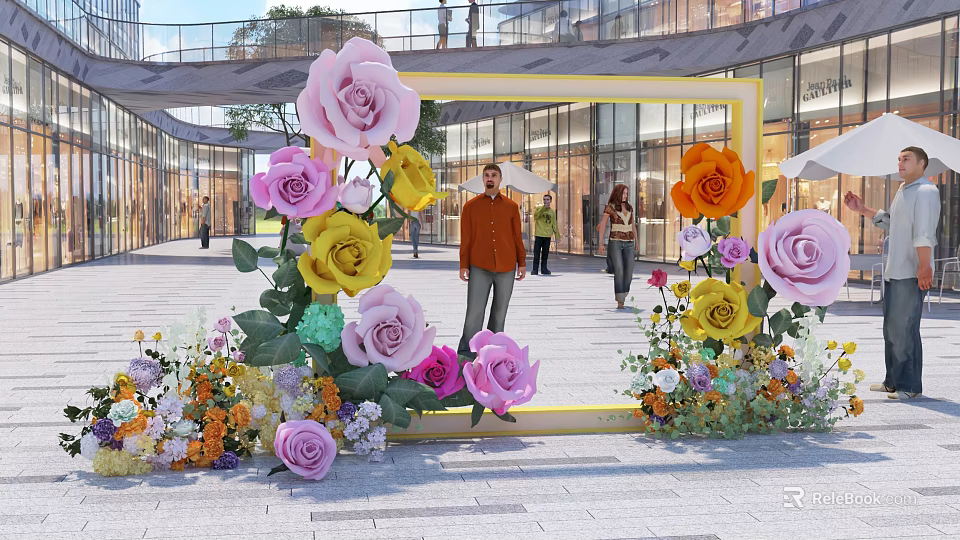 Colorful Flower Decorated Photo Check In Spot With Yellow Frame And Modern Building Background 3d model 