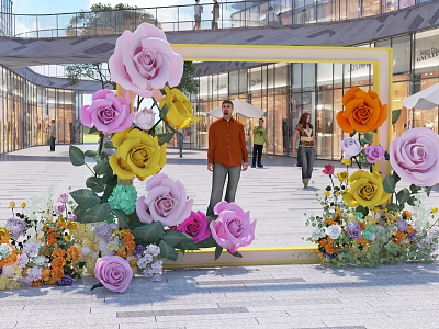 Colorful Flower Decorated Photo Check In Spot With Yellow Frame And Modern Building Background 3d model