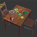 Wooden Dining Table Set With Two Wooden Chairs Brown Cushions Food Dishes And Chopsticks