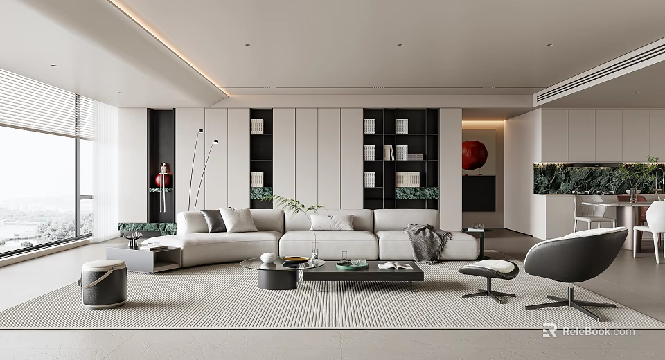 Modern Living Room Interior Design With Sofa Coffee Table And Bookshelves 3d model 