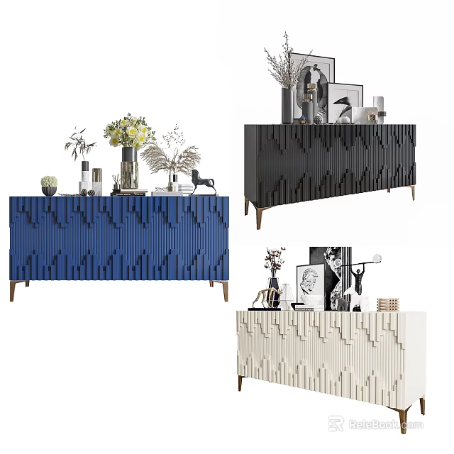 Multicolor Console Table And Side Cabinet With Vases Sculptures Photo Frames 3d model