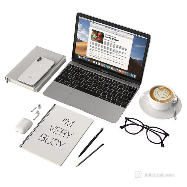 Work Desk Setup With Laptop Notebook Coffee Glasses Mouse Phone And Pens 3d model 