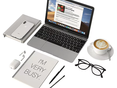 Work Desk Setup With Laptop Notebook Coffee Glasses Mouse Phone And Pens 3d model