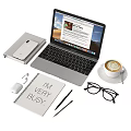 Work Desk Setup With Laptop Notebook Coffee Glasses Mouse Phone And Pens