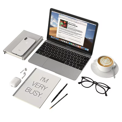 Work Desk Setup With Laptop Notebook Coffee Glasses Mouse Phone And Pens 3d model