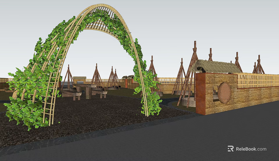 Outdoor Leisure Space Design With Vine Covered Arch Conical Tents Benches And Stone Wall 3d model 