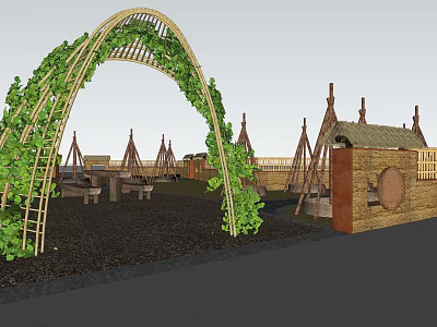 Outdoor Leisure Space Design With Vine Covered Arch Conical Tents Benches And Stone Wall 3d model