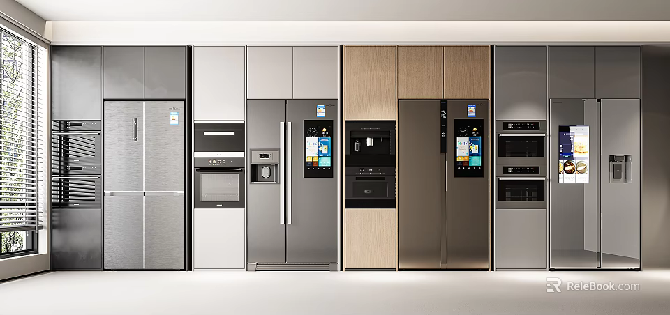Modern Refrigerators Freezers with Digital Screens Stainless Steel and Wood Panel Designs 3d model 