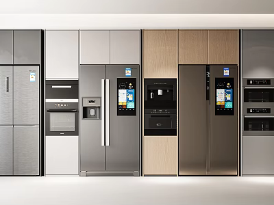 Modern Refrigerators Freezers with Digital Screens Stainless Steel and Wood Panel Designs 3d model
