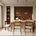 Modern Dining Room Interior With Wooden Table Rattan Backed Chairs Pendant Lights And Light Curtains
