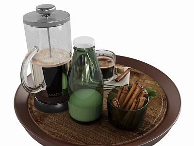 Fresh French Press Coffee with Green Juice Cinnamon Sticks and Mint on Wooden Tray 3d model