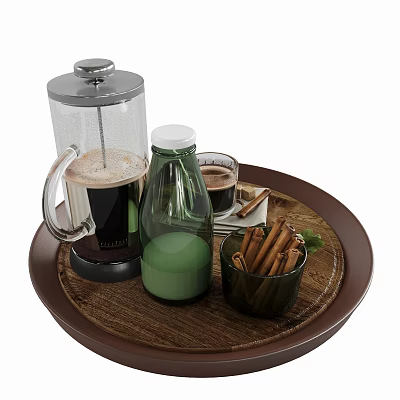 Fresh French Press Coffee with Green Juice Cinnamon Sticks and Mint on Wooden Tray 3d model