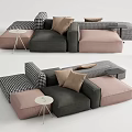 Modern Sectional Sofa Set With Gray Pink Modular Seats Checkered Accents And Small Side Table