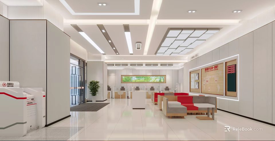 Modern Service Hall Interior With Spacious Layout Bright Lighting Reception Desk And Rest Area Seats 3d model 