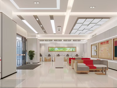 Modern Service Hall Interior With Spacious Layout Bright Lighting Reception Desk And Rest Area Seats 3d model