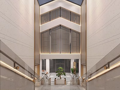 Elegant Modern Lobby Front Desk Reception With Staircases And Comfortable Seating 3d model