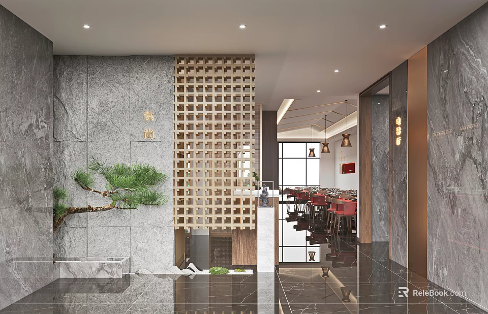 Elegant Restaurant Interior Design With Marble Walls Wooden Lattice Pine Decoration And Red Seating 3d model 