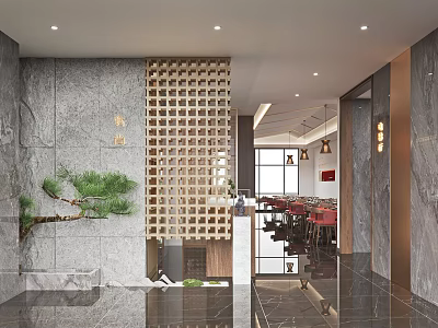Elegant Restaurant Interior Design With Marble Walls Wooden Lattice Pine Decoration And Red Seating 3d model