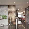 Elegant Restaurant Interior Design With Marble Walls Wooden Lattice Pine Decoration And Red Seating