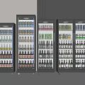 Black Upright Beverage Refrigerators Filled With Various Colorful Drinks Arranged Together