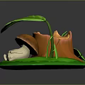 Cute Chubby Game Character Sitting On Green Grass With Mushroom Shelter And Big Leaves