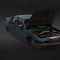 Old Blue Rusty Car With Open Hood And Doors On Dark Background