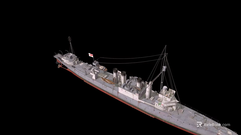 Antique Detailed Warship Model Featuring Cannons Masts Flag And Black Background 3d model 