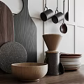 Minimalist Modern Kitchenware With Wooden Cutting Boards Spoons Ceramic Bowls Stacked Plates Hanging Black Mugs