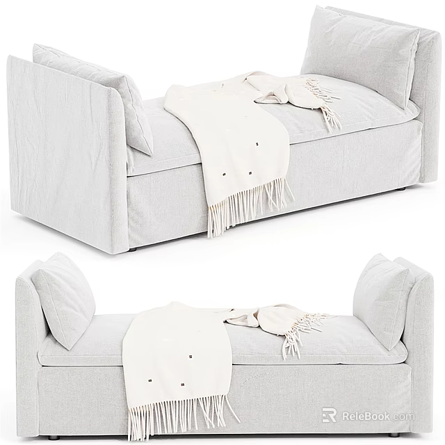 Cozy Light Gray Sofa Bench With Plush Cushions And White Fringe Throw Blanket 3d model