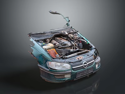 Damaged Car With Open Engine Hood And Exposed Internal Mechanical Parts 3d model