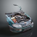 Damaged Car With Open Engine Hood And Exposed Internal Mechanical Parts
