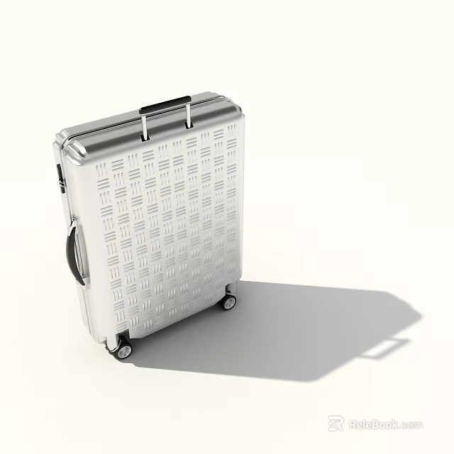 Modern Silver Checkerboard Pattern Suitcase With Telescopic Handle And Rolling Wheels 3d model 