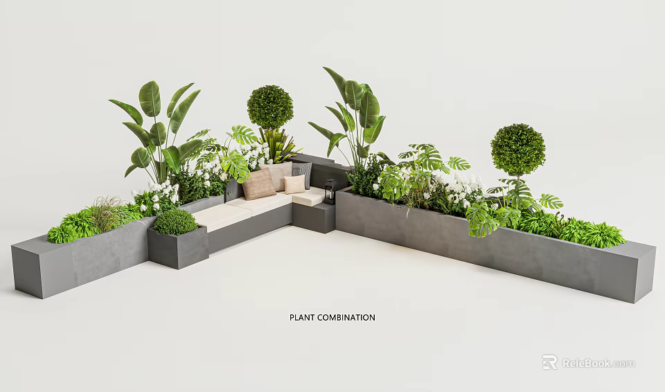 Diverse Plant Combination With Trimmed Shrubs Tall Leafy Plants And Garden Seating 3d model 