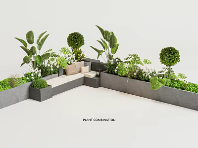 Diverse Plant Combination With Trimmed Shrubs Tall Leafy Plants And Garden Seating 3d model