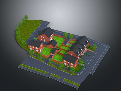 Residential Area 3D Model With Red Brick Buildings Green Lawns And Roads Layout 3d model