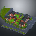 Residential Area 3D Model With Red Brick Buildings Green Lawns And Roads Layout
