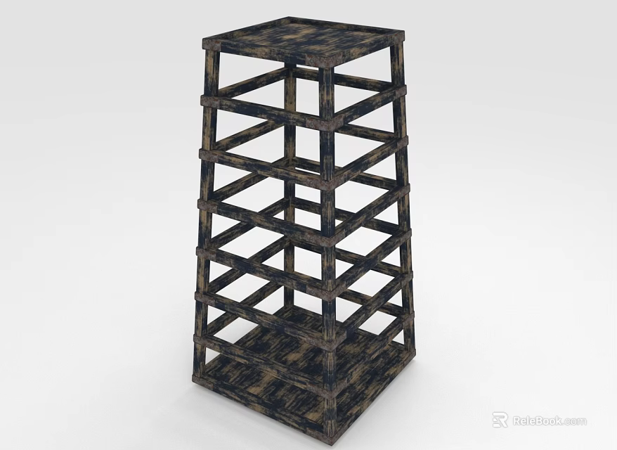 Wooden Multi Layer Shelf With Cross Frame Structure And Storage Design 3d model 